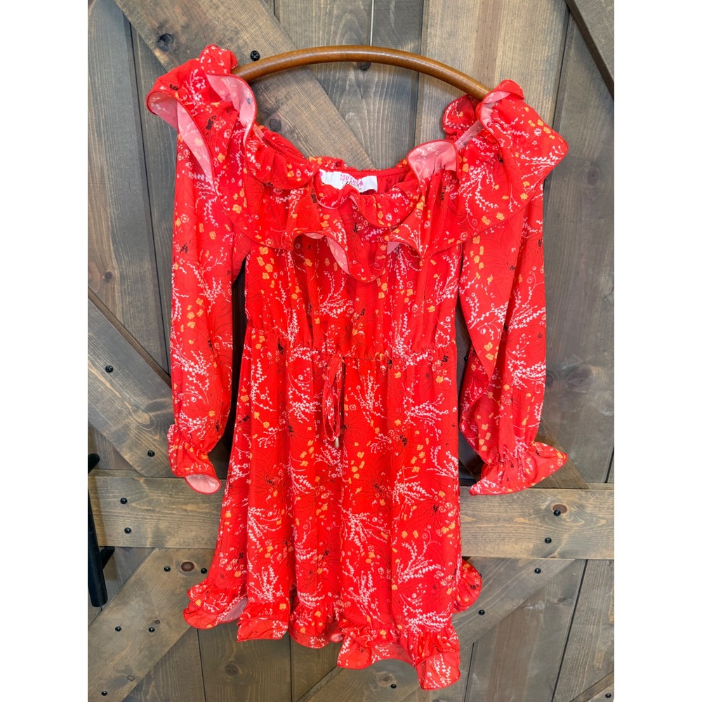 Southern Fried Chics Floral Mini Dress Womens XS Red Good Ruffled Long Sleeve